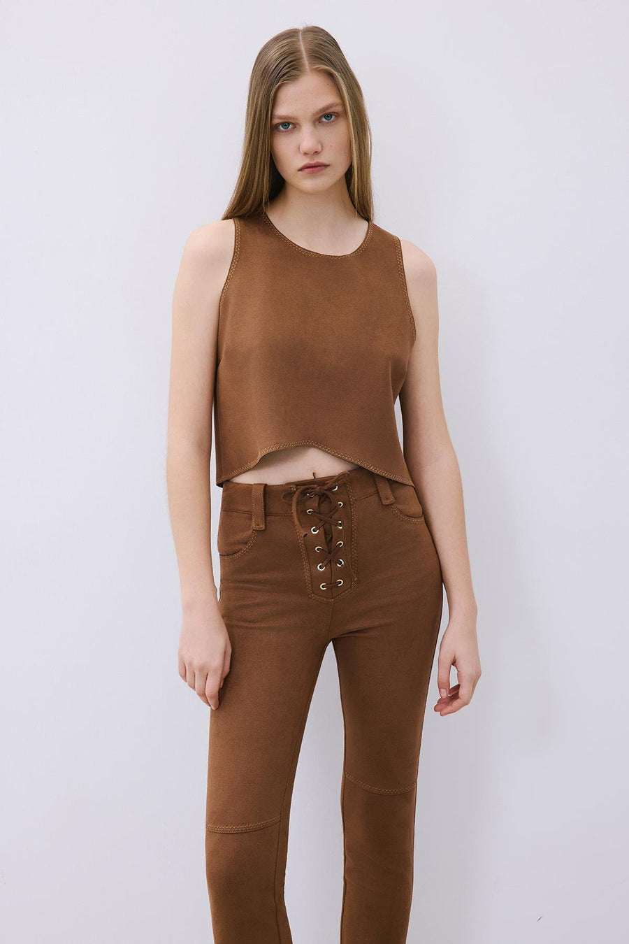 Suede Crop Blouse with Contrast Stitch