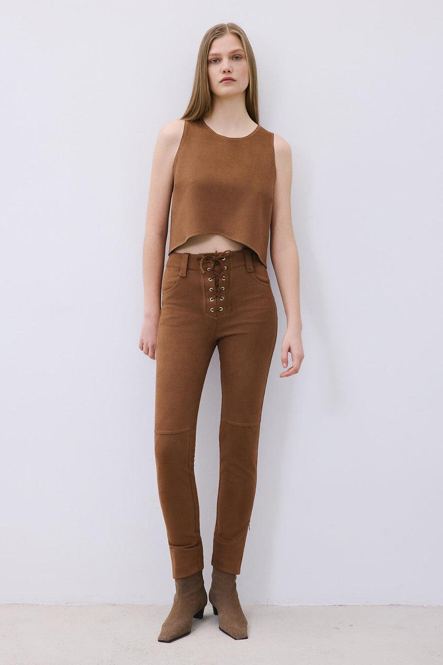 Suede Crop Blouse with Contrast Stitch