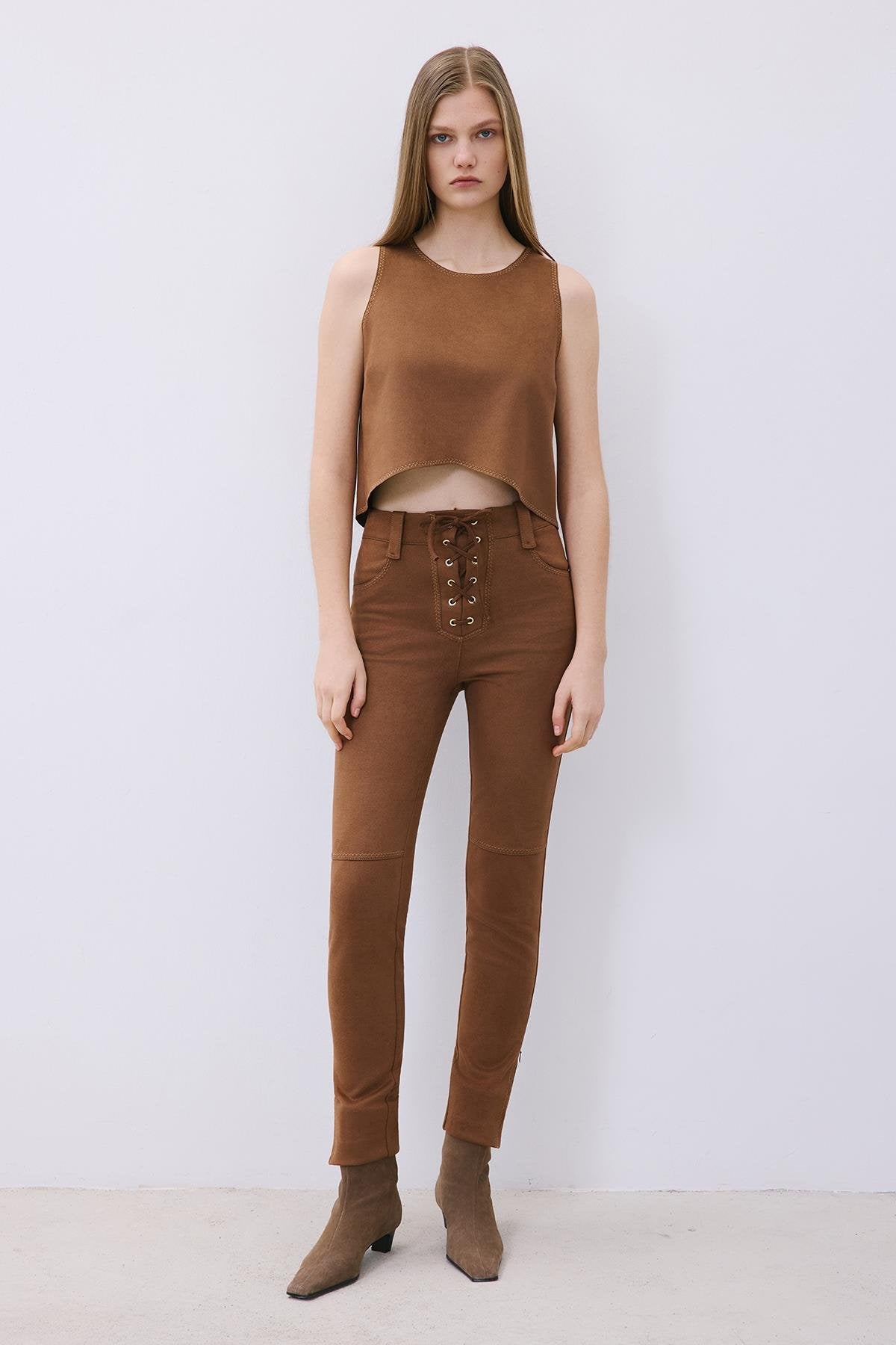 Suede Crop Blouse with Contrast Stitch
