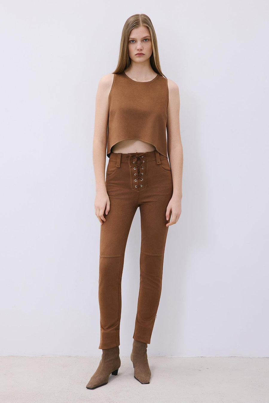 Suede Crop Blouse with Contrast Stitch