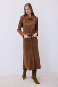 Brown Suede Midi Skirt With Gold Detail