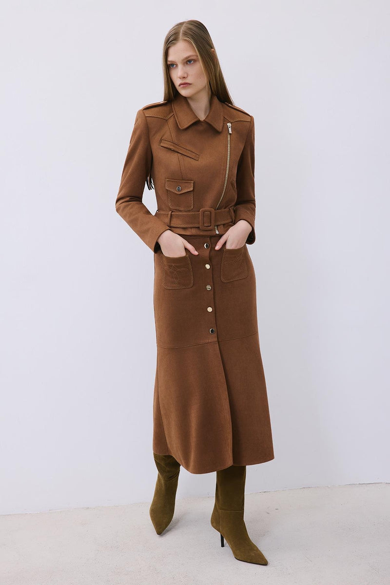 Suede Midi Skirt with Gold Detail