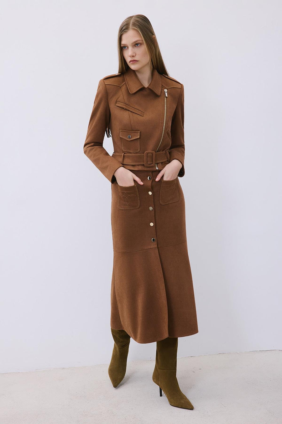 Suede Midi Skirt with Gold Detail