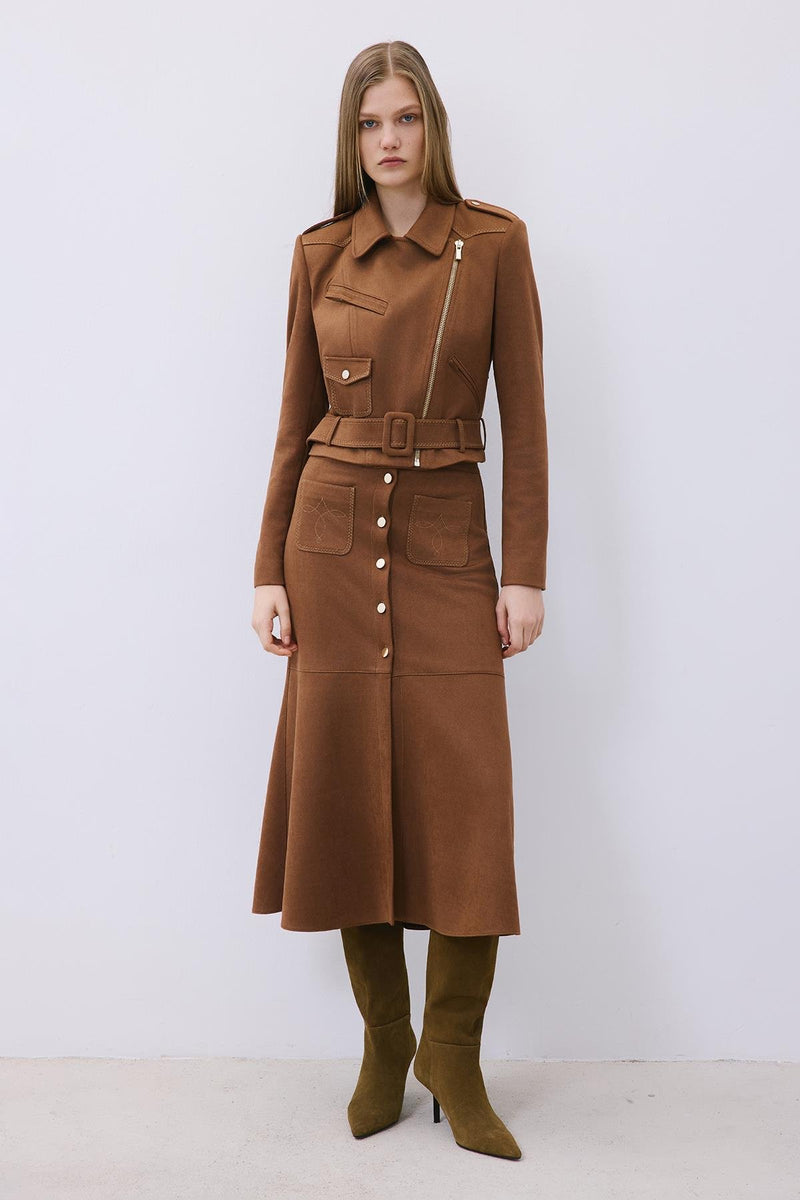 Suede Midi Skirt with Gold Detail