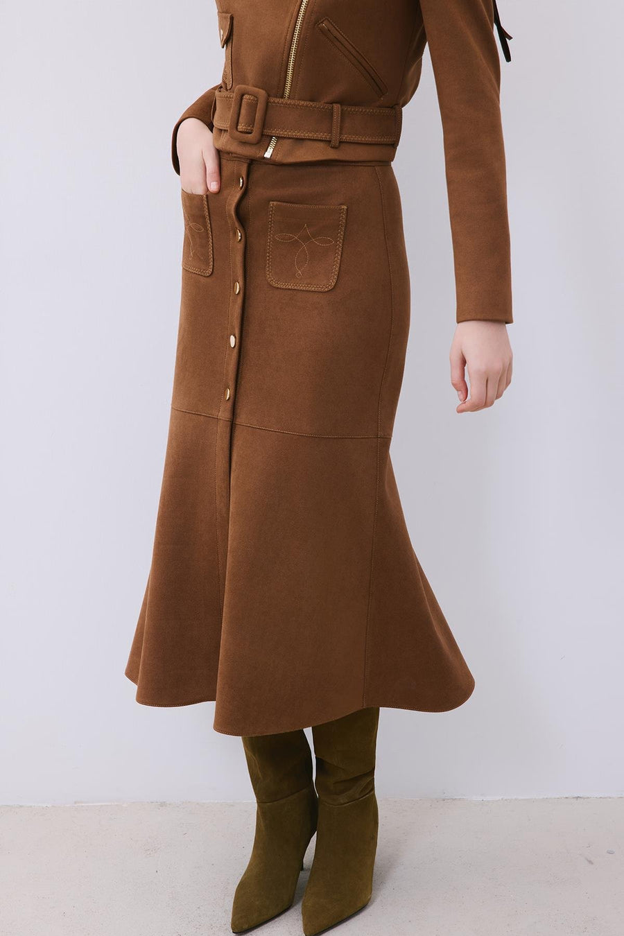 Suede Midi Skirt with Gold Detail