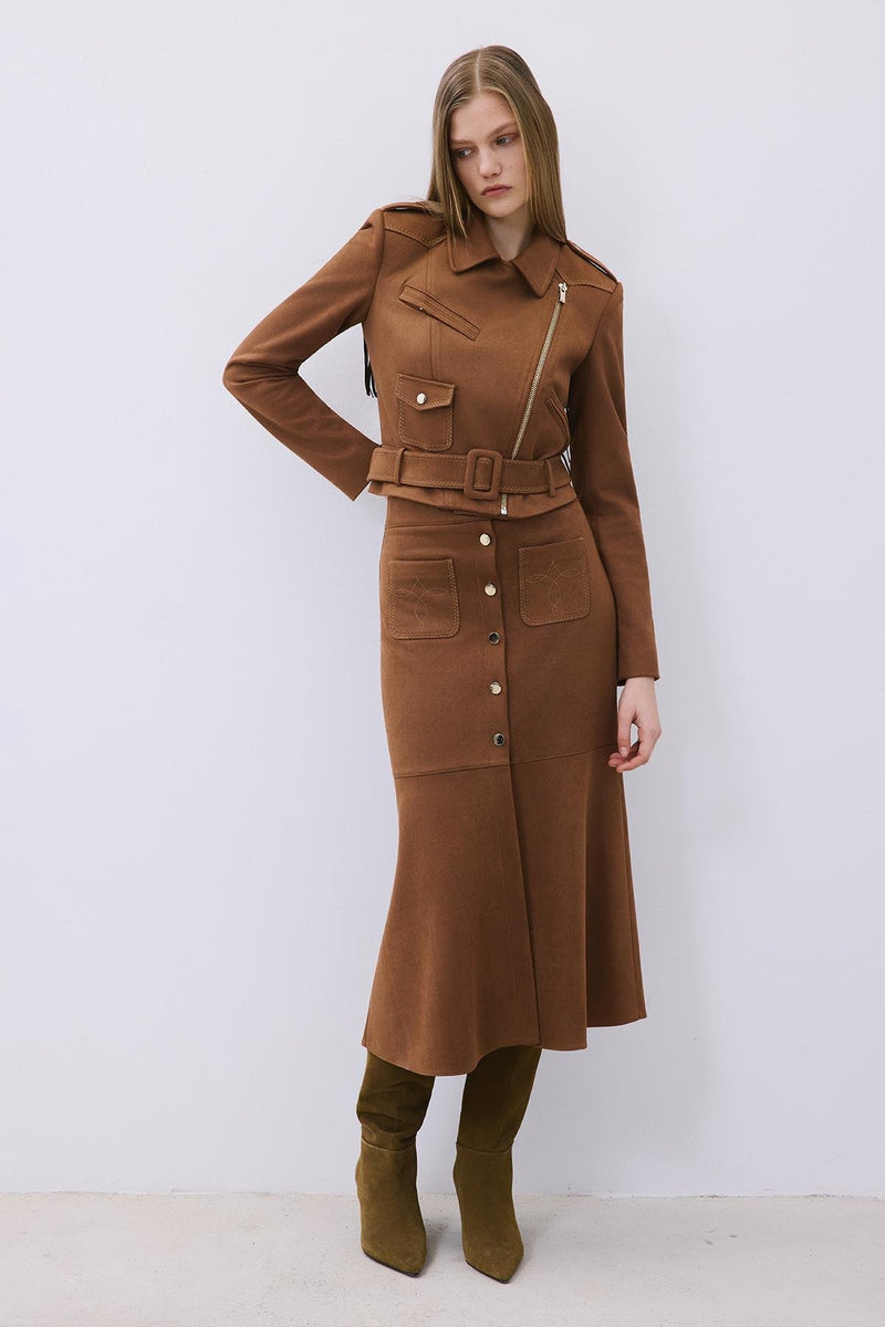 Suede Midi Skirt with Gold Detail