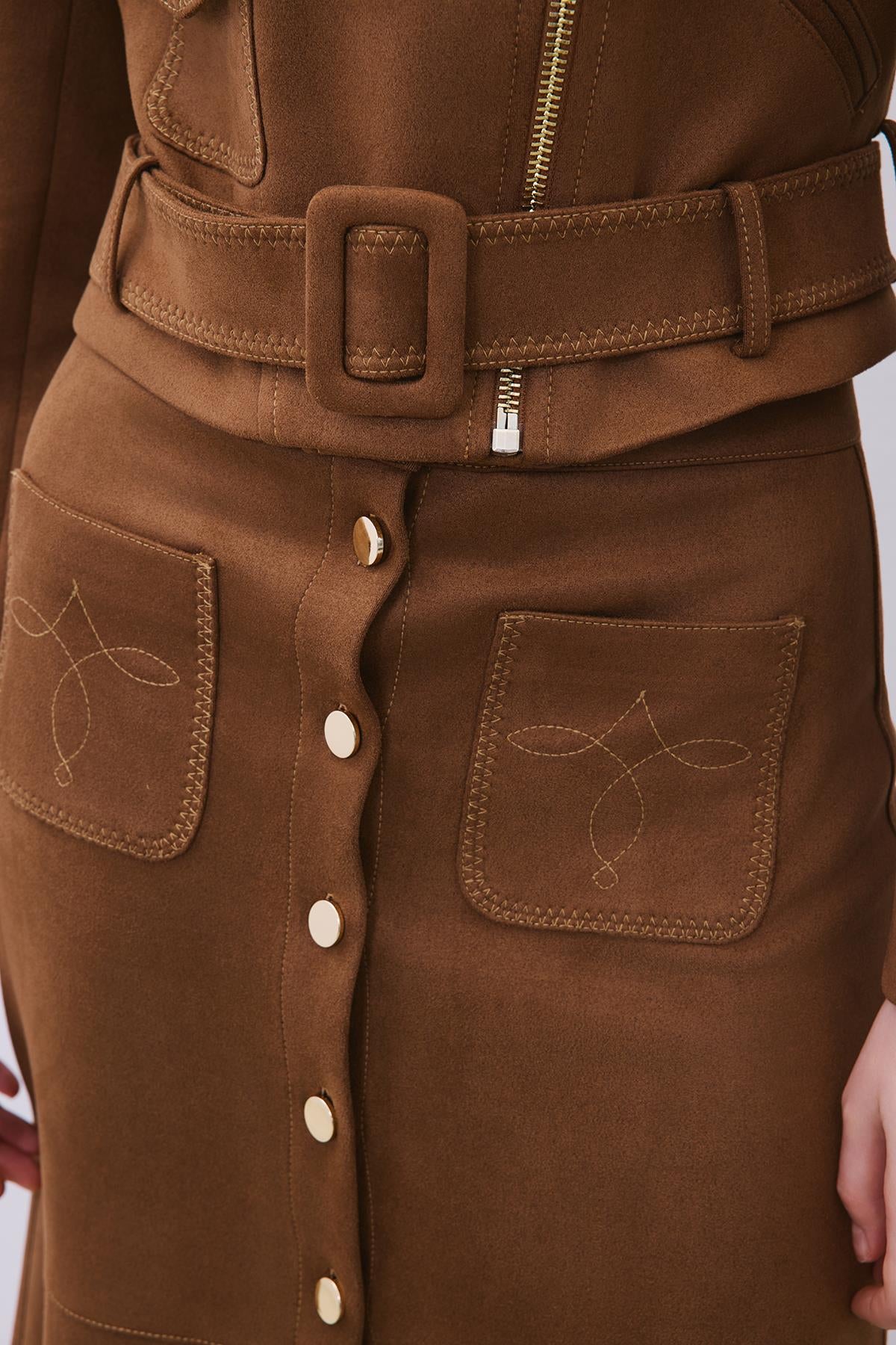 Suede Midi Skirt with Gold Detail