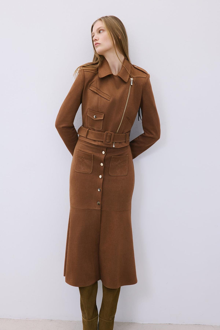 Suede Midi Skirt with Gold Detail