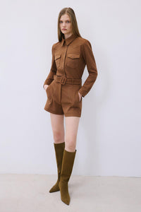 Brown Suede Shorts With Contrast Stitch