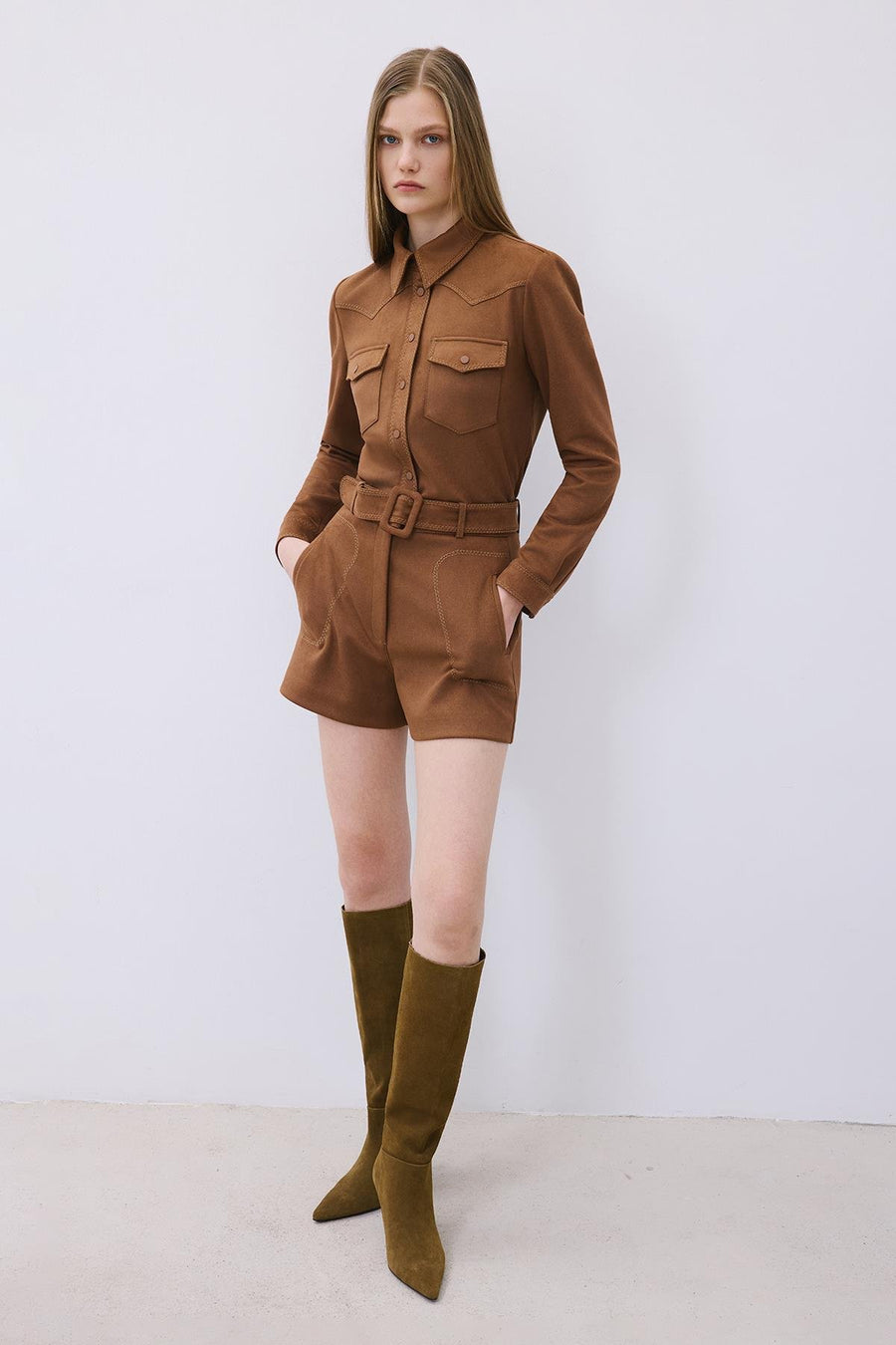 Suede Shorts with Contrast Stitch