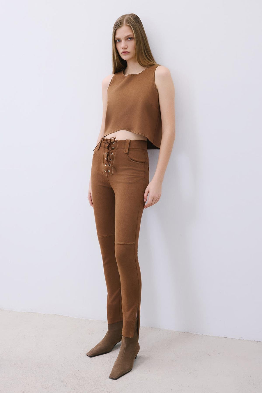 Suede Slim Fit Pants with Stitch Details