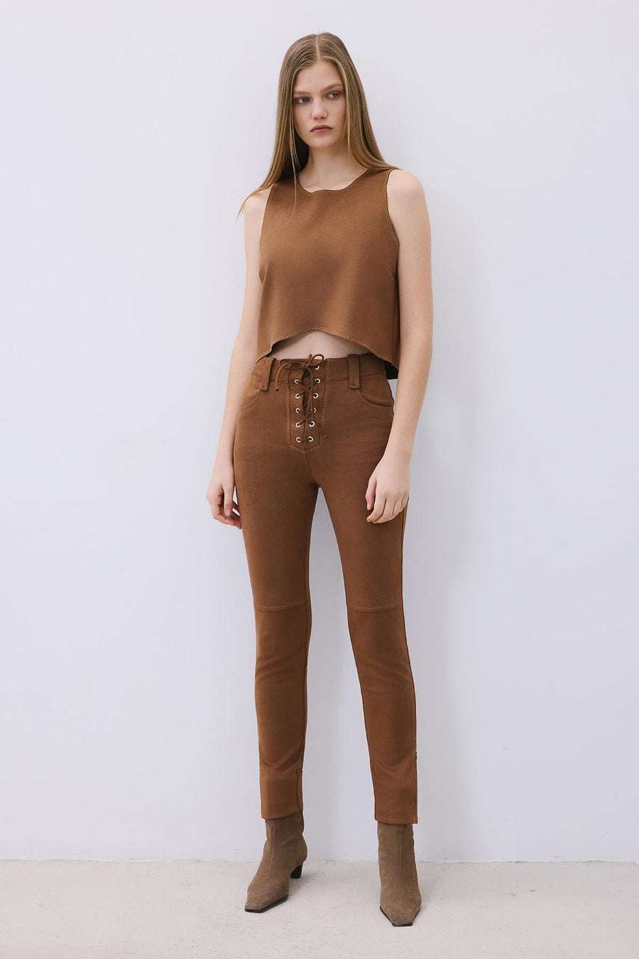 Suede Slim Fit Pants with Stitch Details