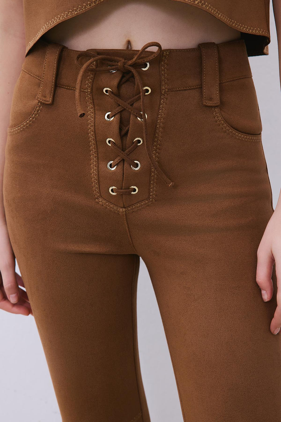 Suede Slim Fit Pants with Stitch Details