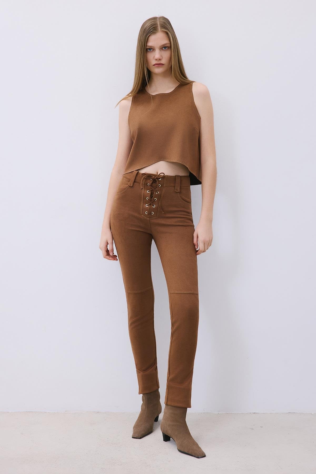 Suede Slim Fit Pants with Stitch Details