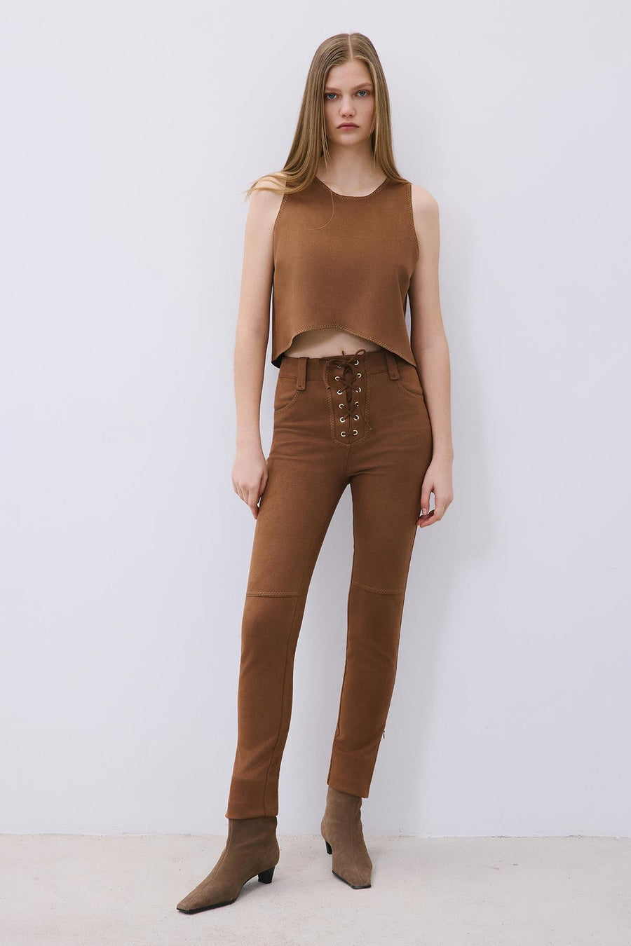 Suede Slim Fit Pants with Stitch Details