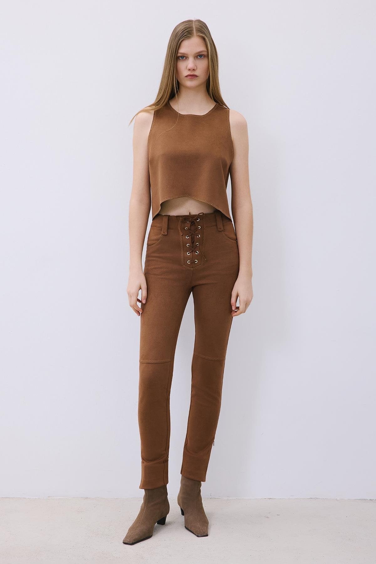Suede Slim Fit Pants with Stitch Details