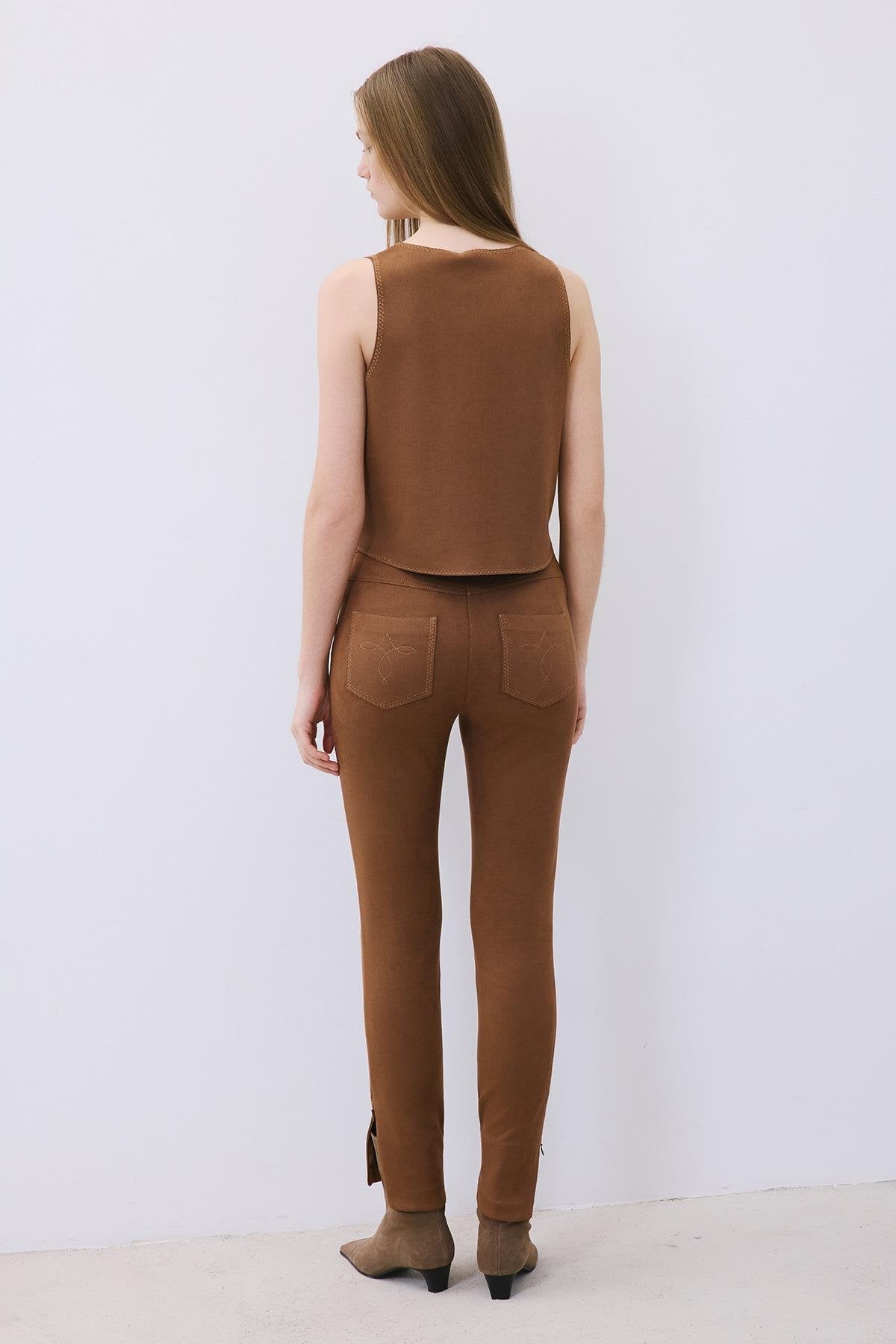 Suede Slim Fit Pants with Stitch Details