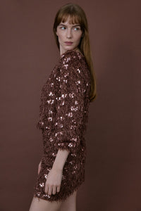 Brown Textured Sequin Embroidered Mini  Skirt