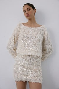 Ecru Textured Sequin Embroidered Mini  Skirt