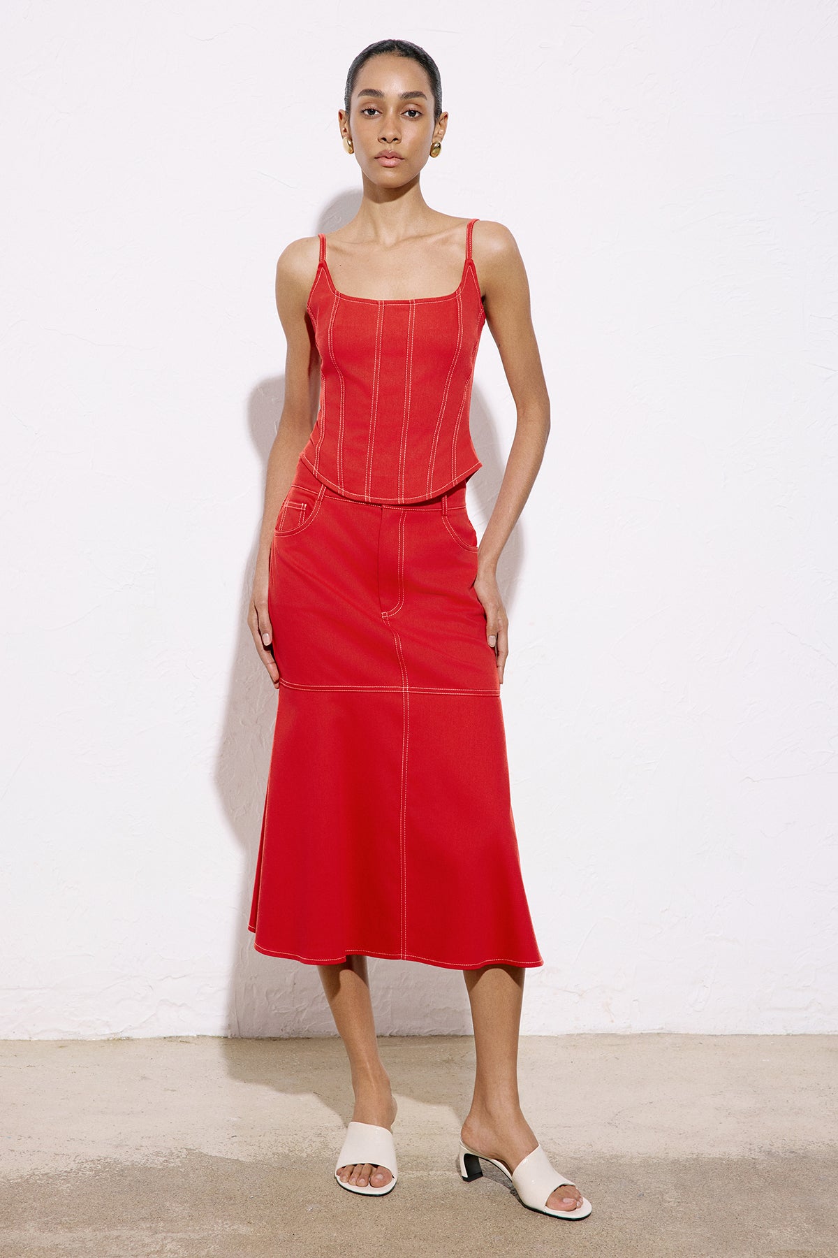 Thin Strap Denim Textured Coral Blouse