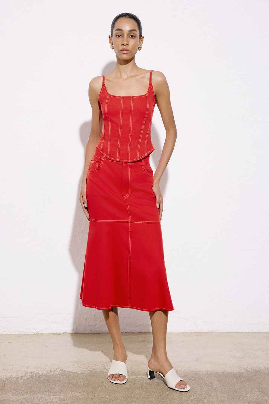 Thin Strap Denim Textured Coral Blouse