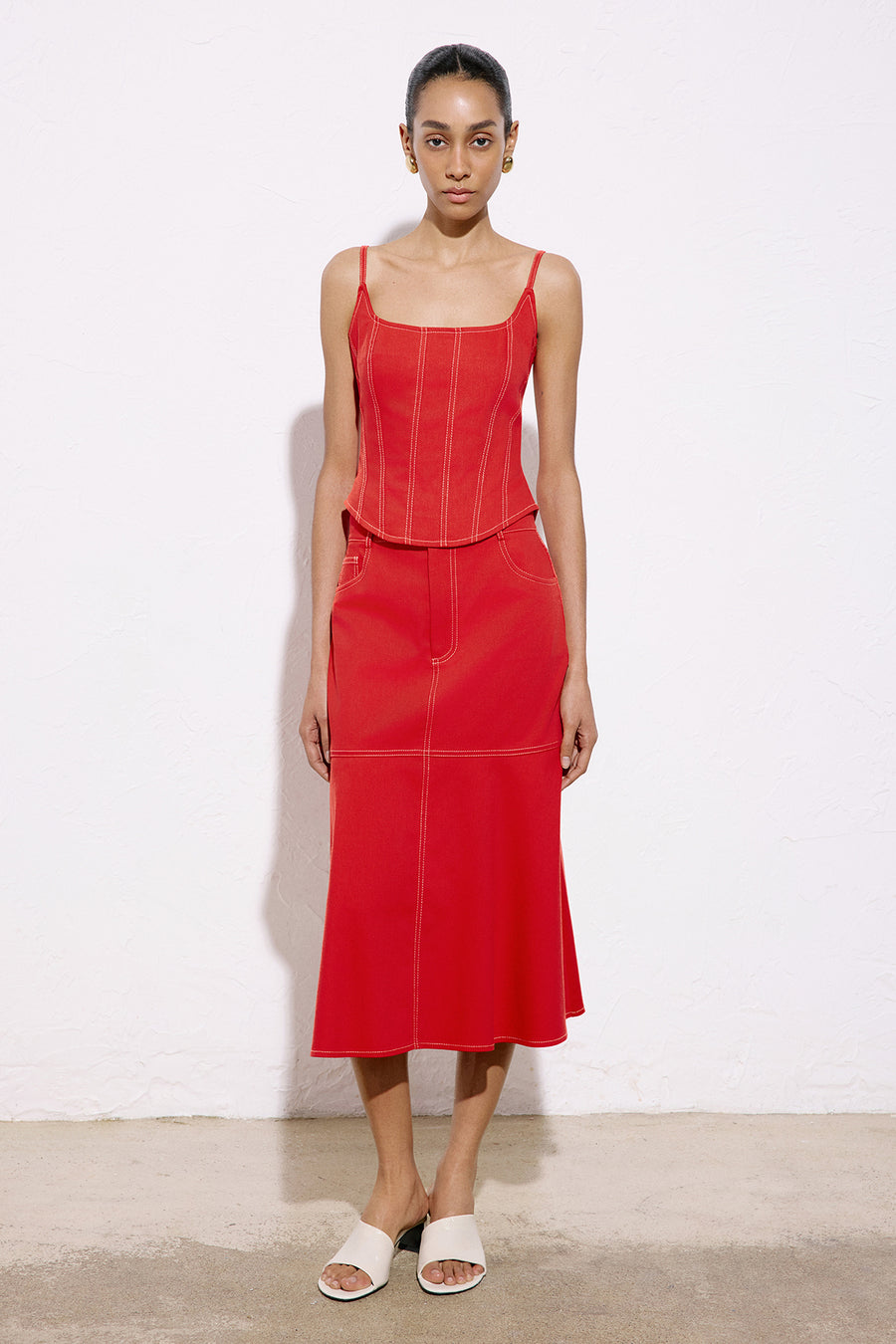 Thin Strap Denim Textured Coral Blouse
