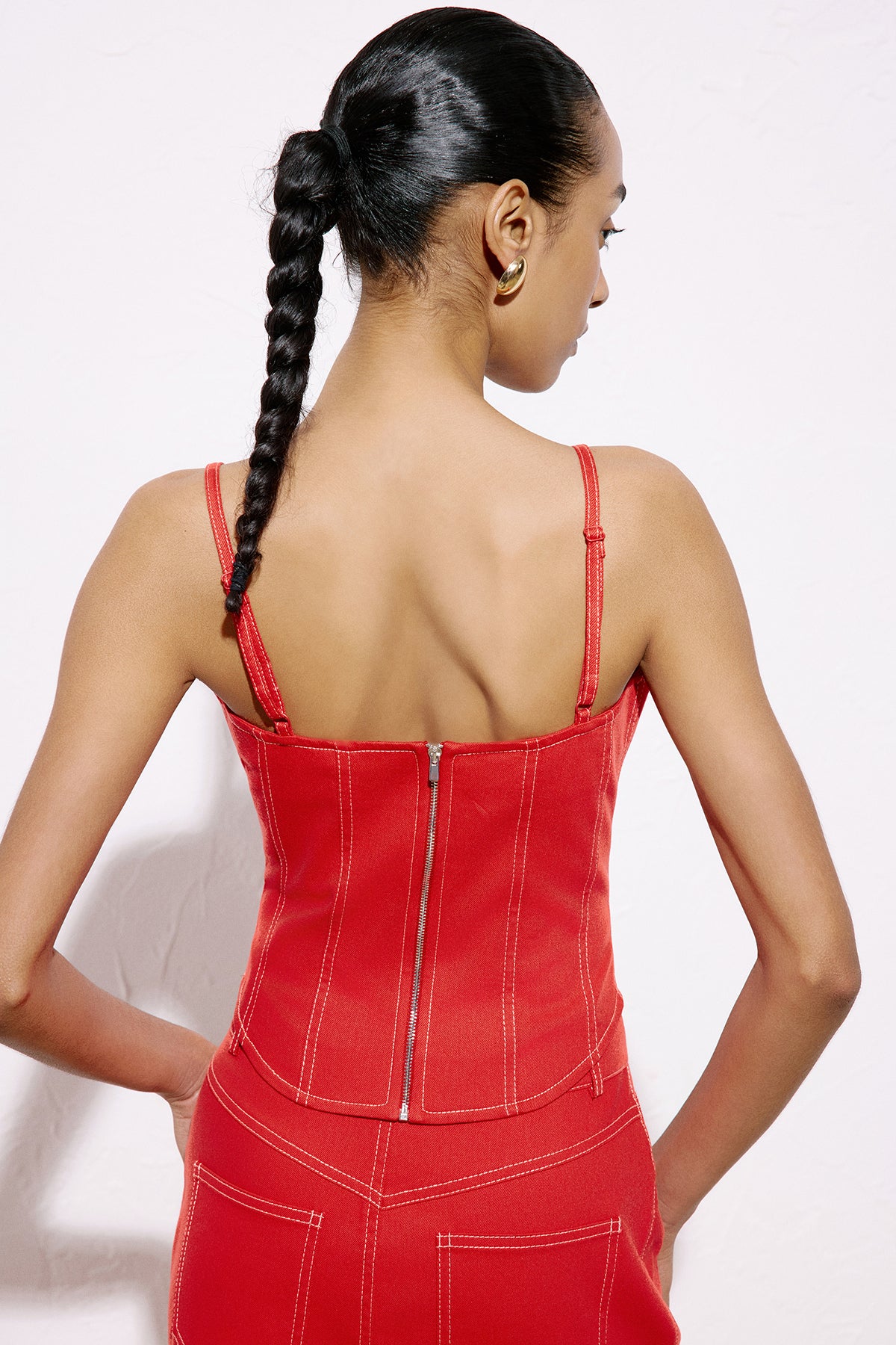 Thin Strap Denim Textured Coral Blouse