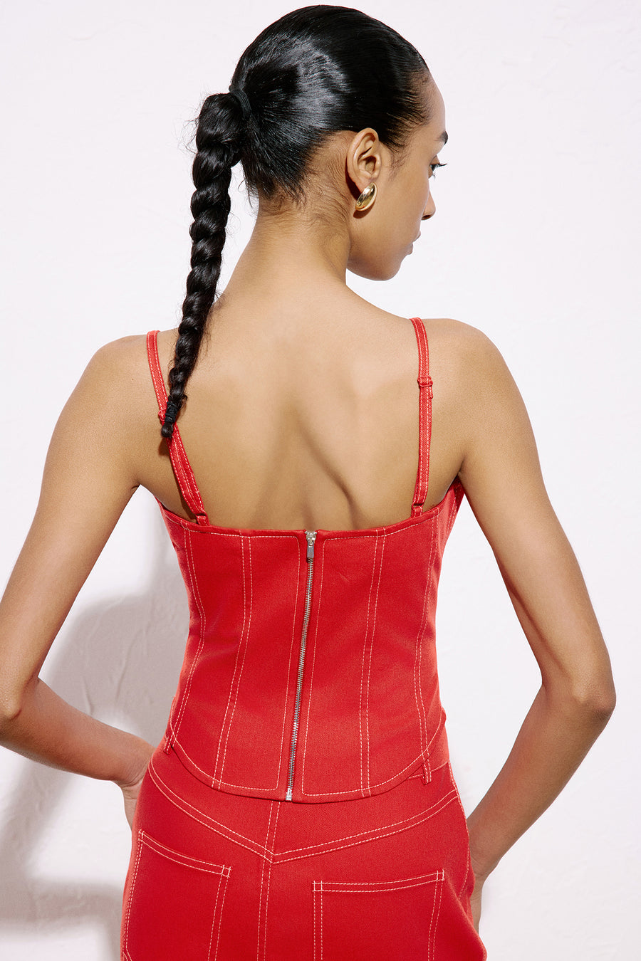 Thin Strap Denim Textured Coral Blouse