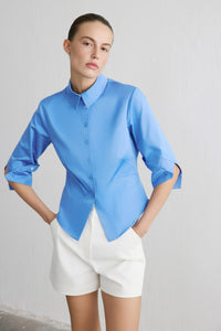 Blue Three Quarter Sleeve Poplin  Shirt