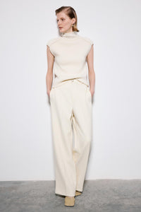 Ecru Trousers With Metal Button Detail