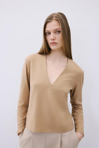 Camel V-neck Basic  Knit Blouse