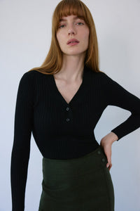 Black V Neck Ribbed Knit  Sweater