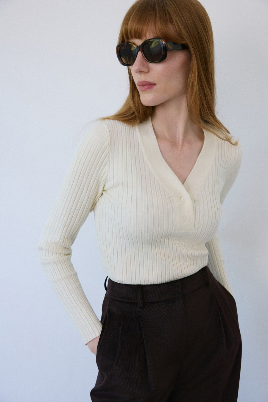 V Neck Ribbed Knit  Sweater