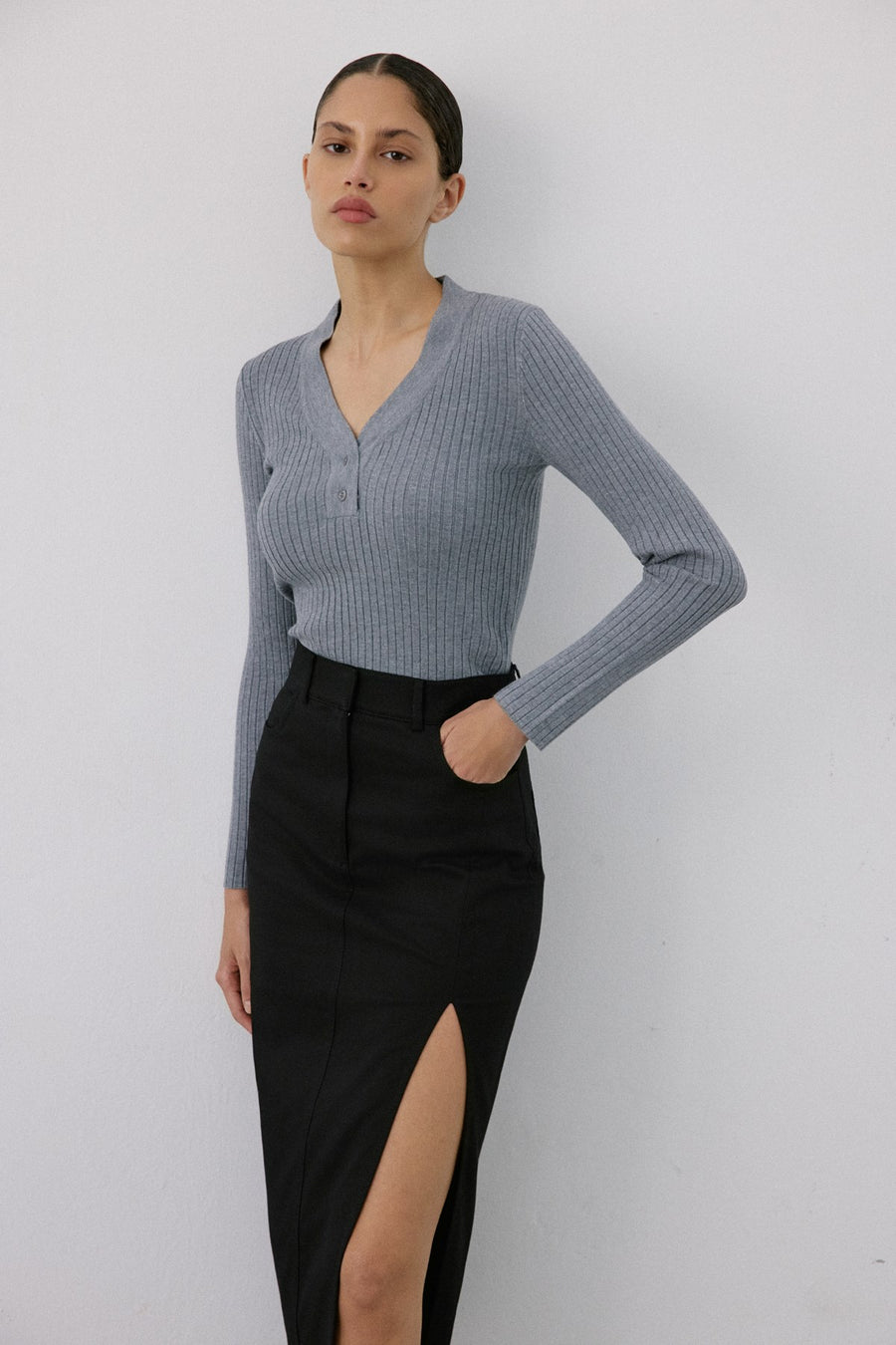 V Neck Ribbed Knit  Sweater