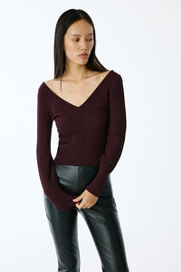 Clared Red V-neck Textured  Knit Blouse