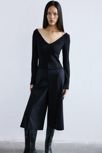 Black V-neck Textured  Knit Blouse