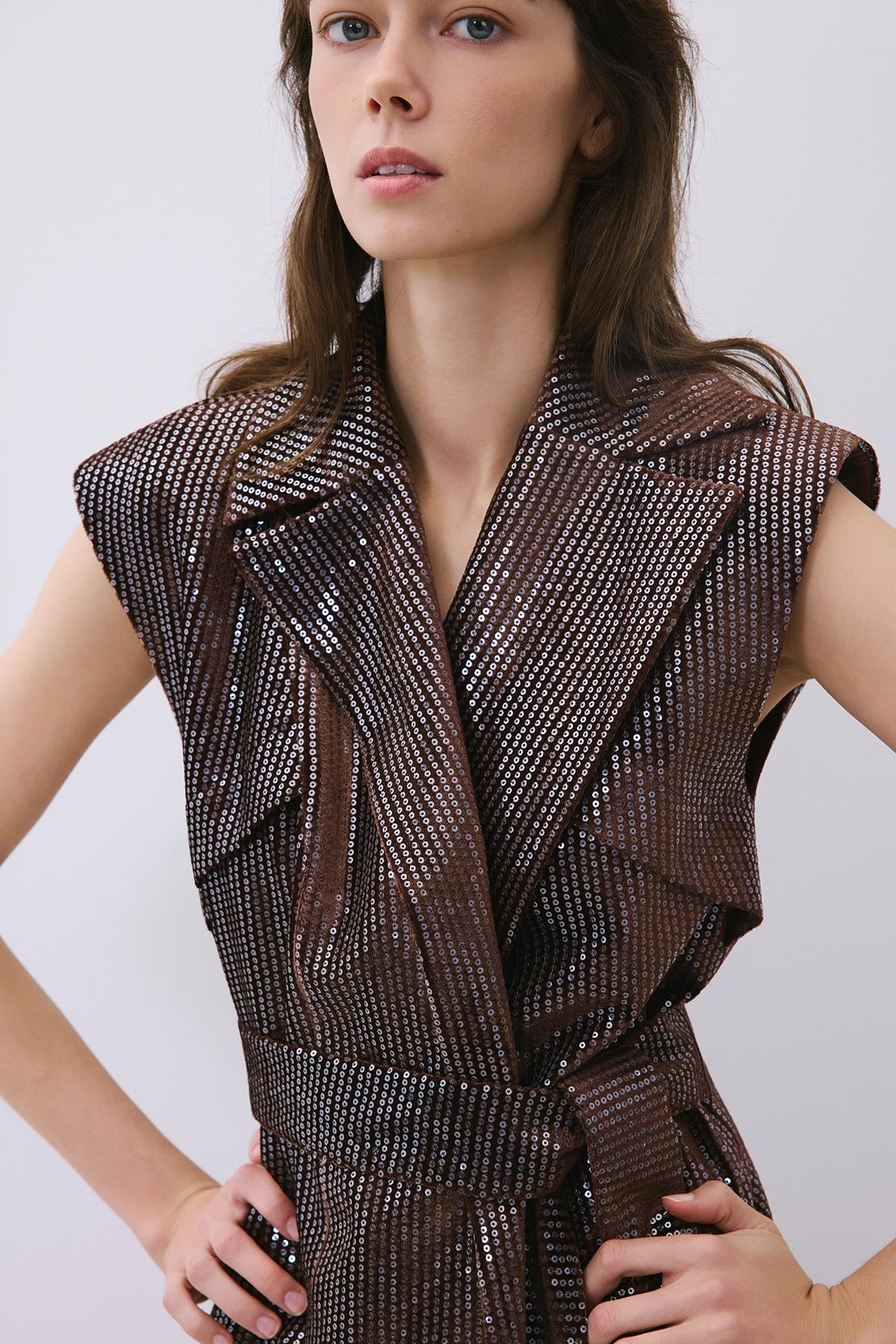 Velvet Sequin Belted Vest