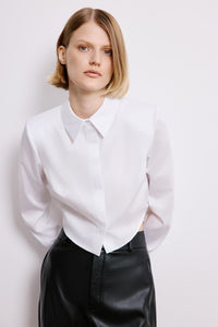 White Poplin Long Sleeve Shirt With Shoulder Pads
