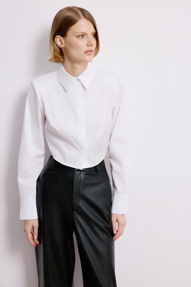 White Poplin Long Sleeve Shirt With Shoulder Pads