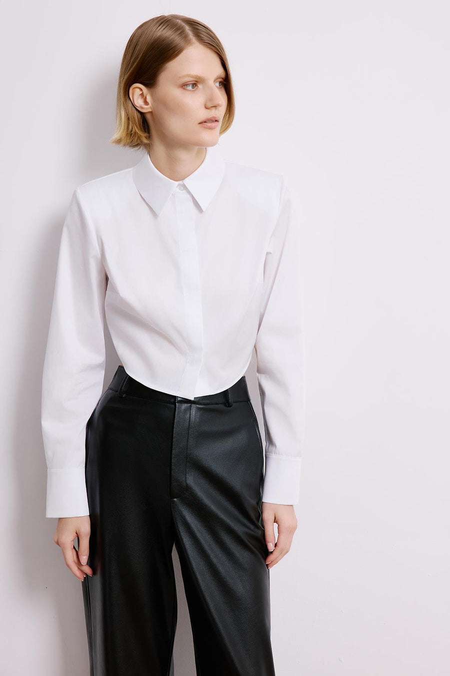 White Poplin Long Sleeve Shirt With Shoulder Pads