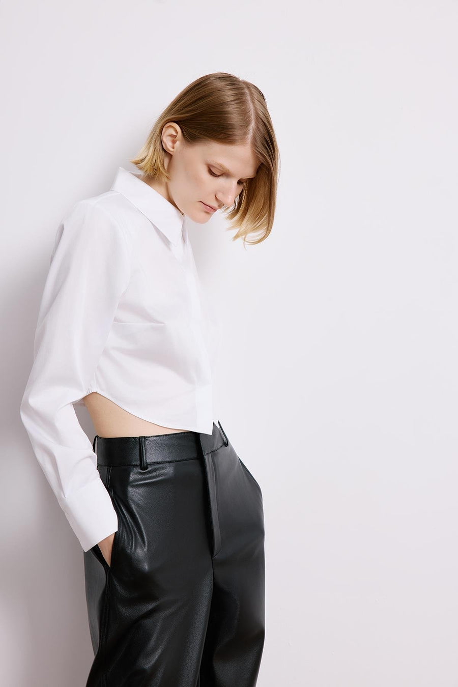 White Poplin Long Sleeve Shirt With Shoulder Pads