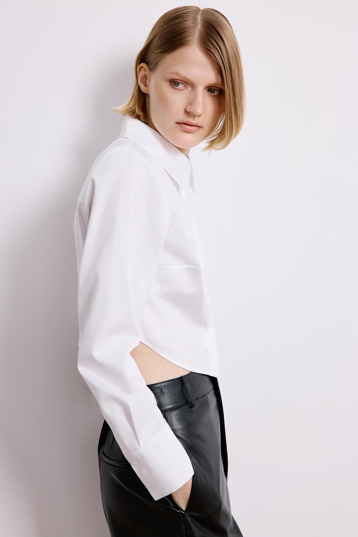 White Poplin Long Sleeve Shirt With Shoulder Pads
