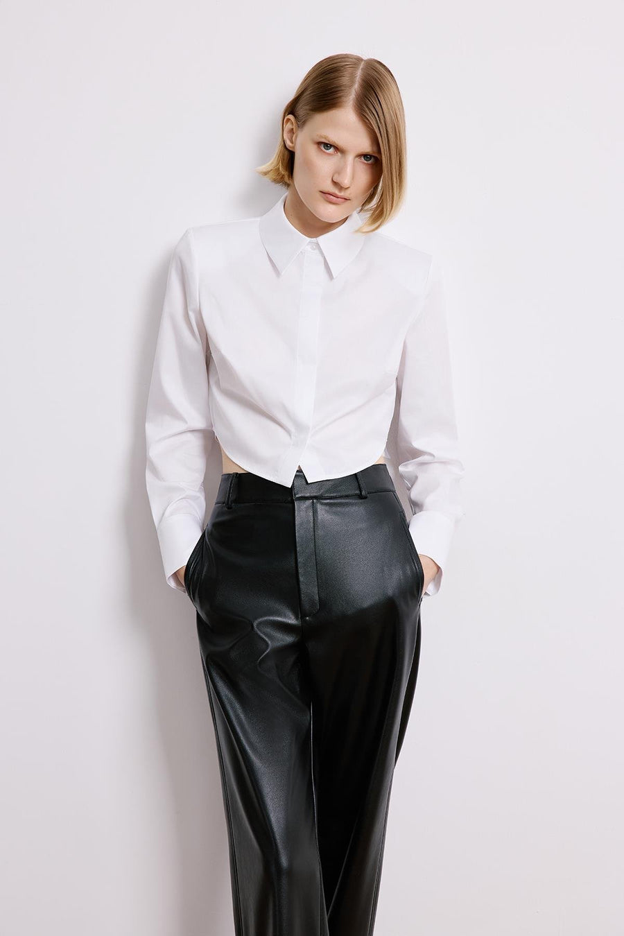 White Poplin Long Sleeve Shirt With Shoulder Pads