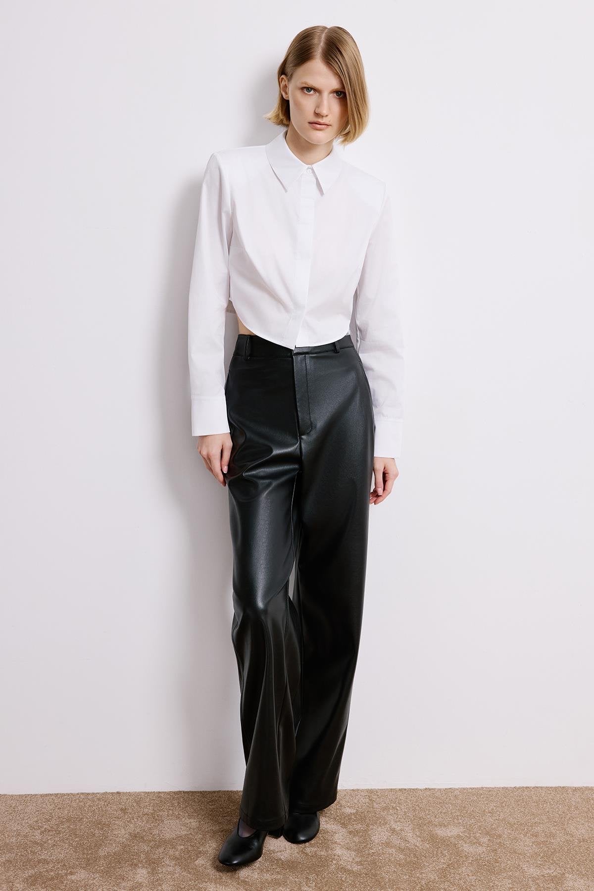 White Poplin Long Sleeve Shirt With Shoulder Pads