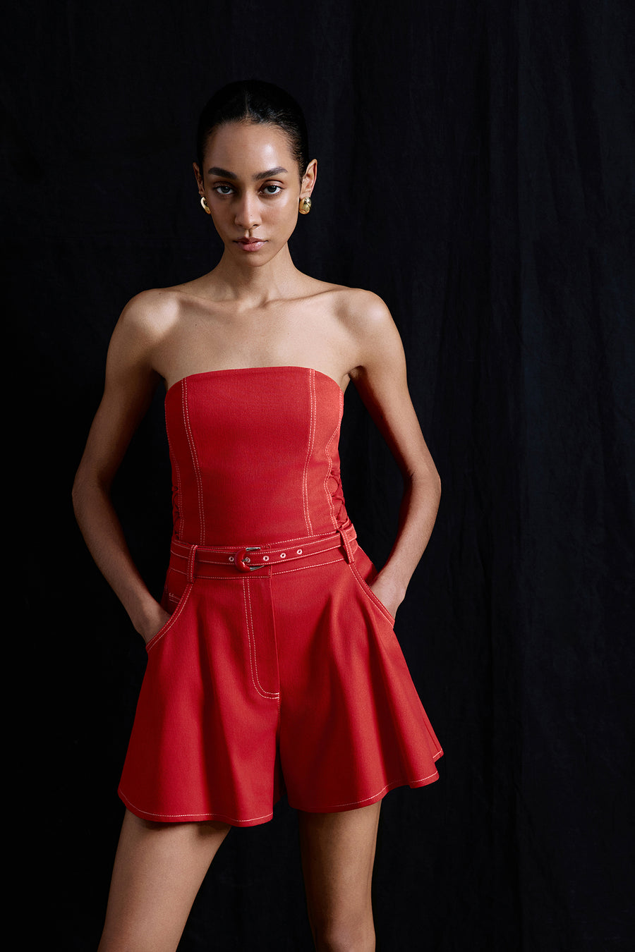 Wide Leg Belt Detailed Coral Mini Shorts