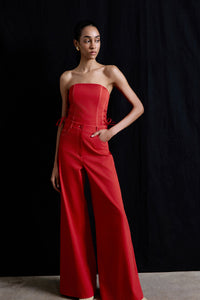 Red Wide Leg Denim Textured  Trousers