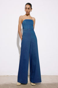 Blue Wide Leg Denim Textured  Trousers