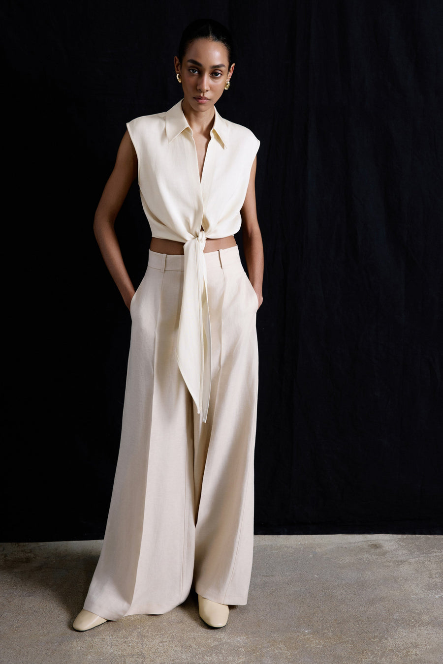 Beige Wide Leg Linen Blend  Trousers