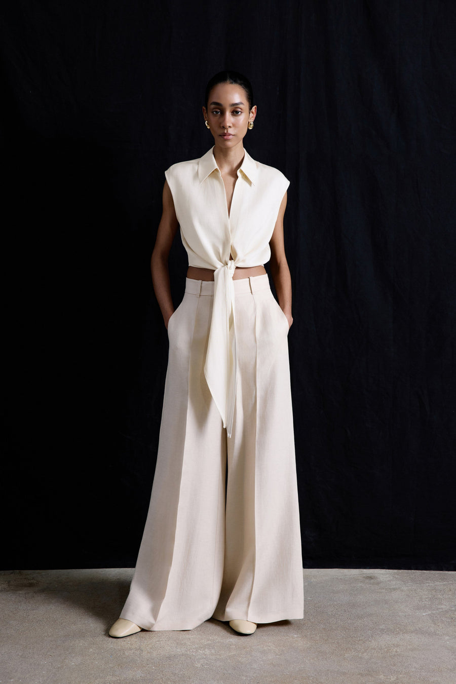 Beige Wide Leg Linen Blend  Trousers