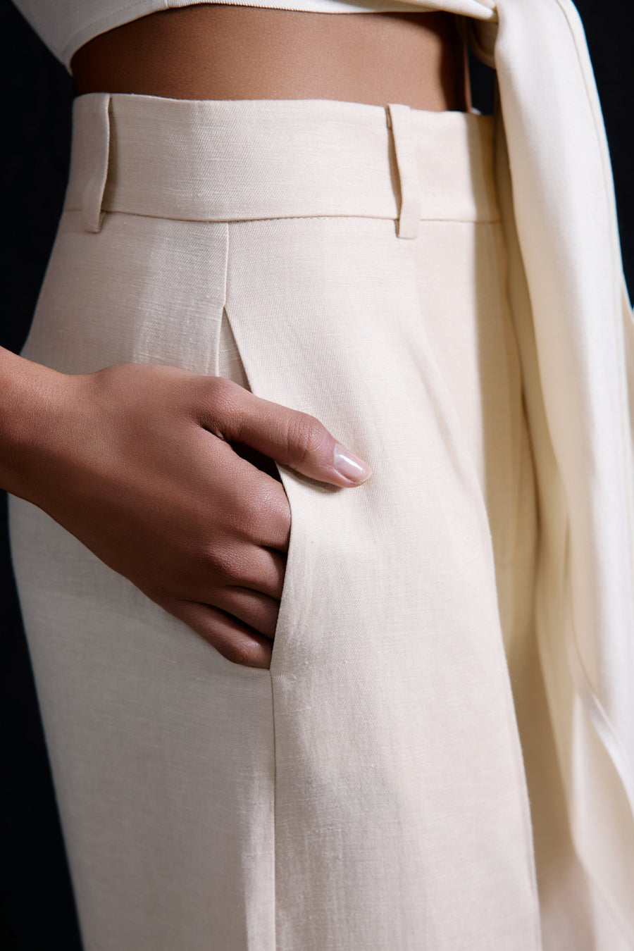 Beige Wide Leg Linen Blend  Trousers